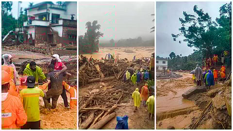 National Disaster Response Force (NDRF) personnel conduct rescue operation after huge landslides in the hilly areas near Meppadi, in Wayanad district, Kerala, Tuesday, July 30
